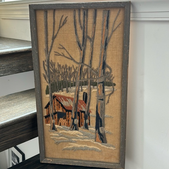 Vintage crewel sugar shack and maple trees, rustic frame, 12.5 x 23 inches - Picture 2 of 7